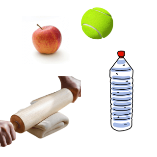 alternatives Faszien-Equipment bestehend aus Wasserflasche voll, Nudelholz, Tennisball oder Apfel