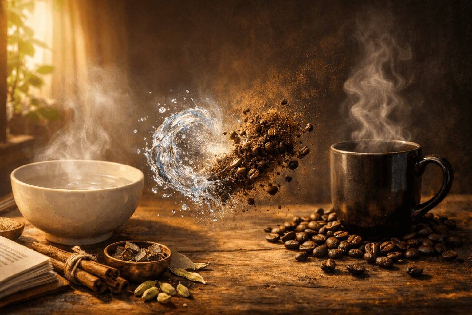 Kaffeetasse und Schale mit heißem Wasser im Morgenlicht