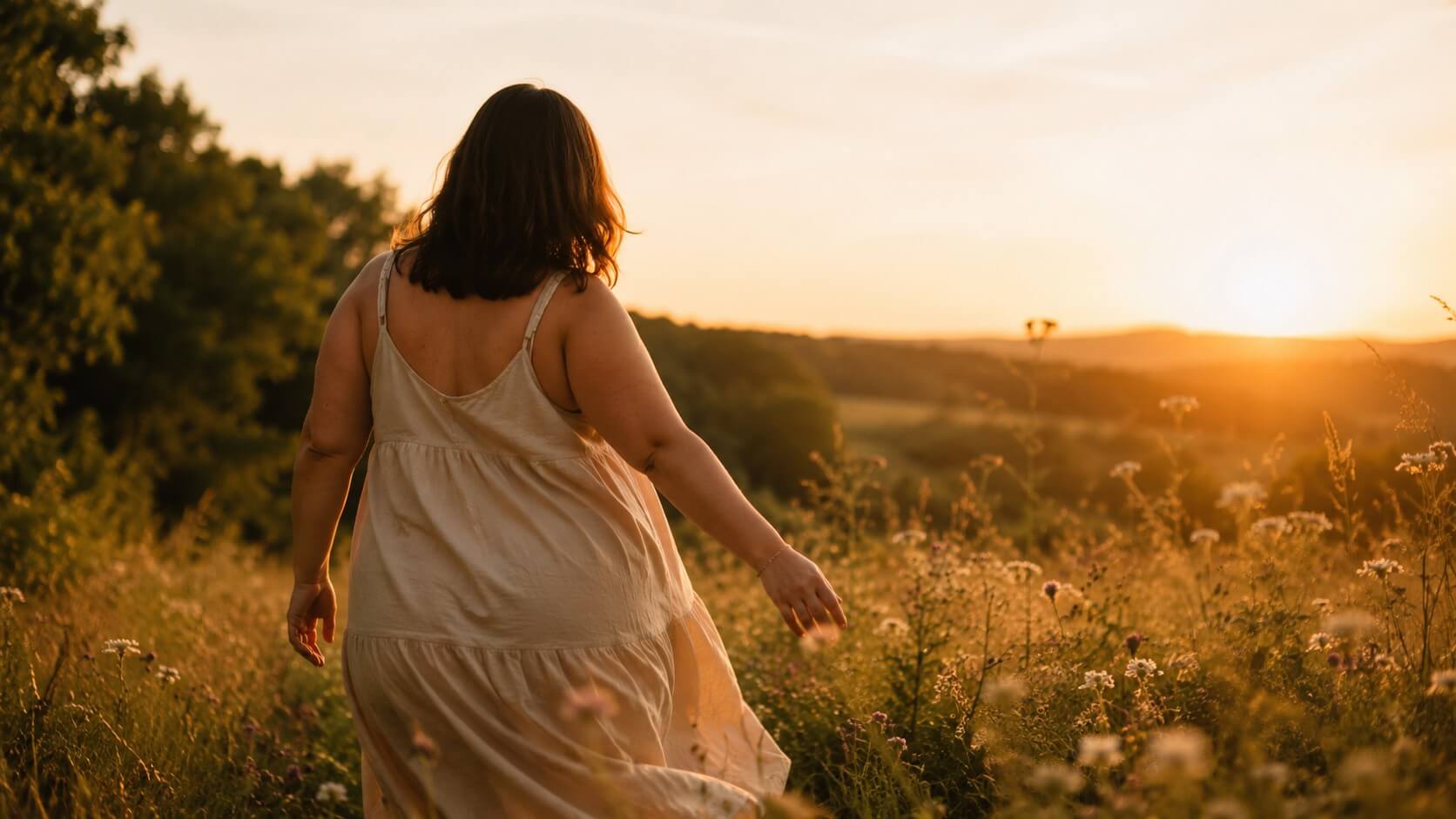 Litha Sommersonnenwende Frau im Sonnenuntergang, die zur Feier der Sommersonnenwende tanzt und Lebensfreude ausstrahlt