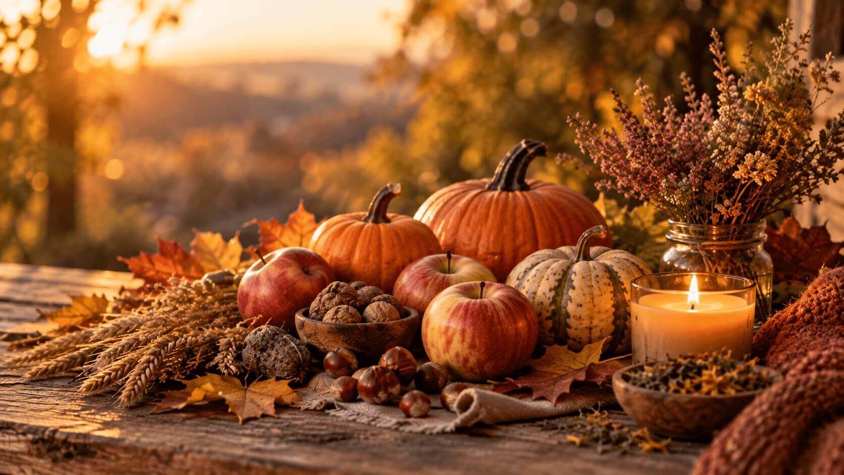 Mabon Herbst-Tagundnachtgleiche Ein Tisch mit frischer Ernte; Äpfel, Kürbisse, Getreide. Das Arrangement symbolisiert den Herbstanfang
