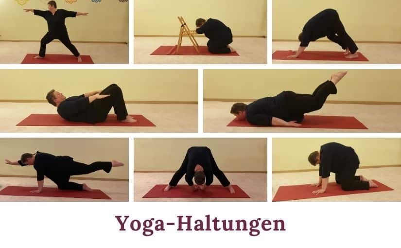 Fotocollage mit verschiedenen Yoga-Übungen. Eine kurvige Frau zeigt unterschiedliche Yoga-Haltungen, auch Asanas genannt