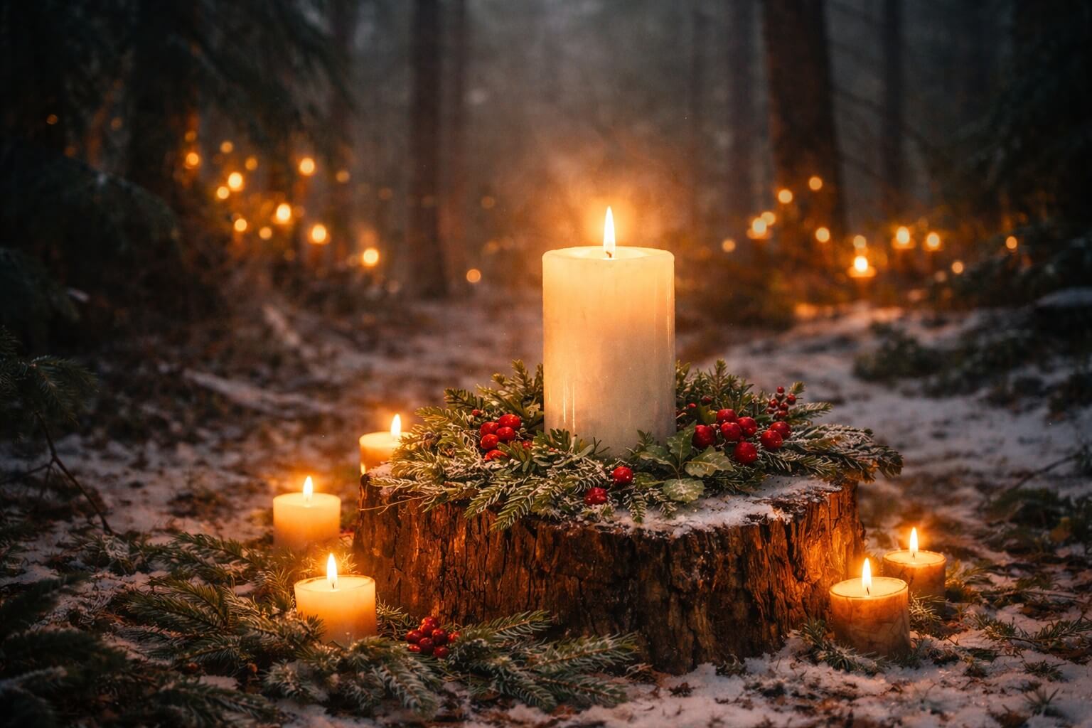 Yule Kerze im Wald zur Wintersonnenwende